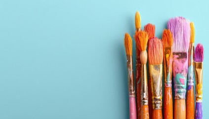 A collection of paintbrushes with various bristle colors and handle styles, arranged against a light blue background.  The brushes appear well-used, showing paint residue