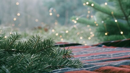 Close-up of vibrant green christmas background with twinkling lights nature scene festive atmosphere