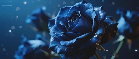 Deep Blue Rose with Dew Drops Against a Bokeh Background