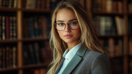 A young woman with long blonde hair wearing glasses and a gray blazer, standing in a library with a bookshelf in the background.