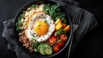 A vibrant bowl features a fried egg atop quinoa and couscous, accompanied by roasted vegetables, kale, and cucumber slices