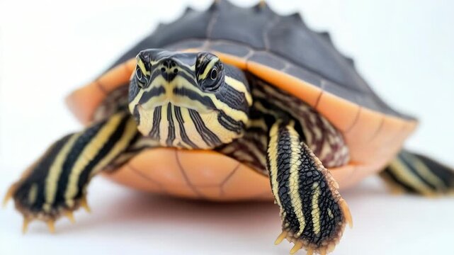 A close-up photo of a turtle on a white surface, great for illustration or design projects