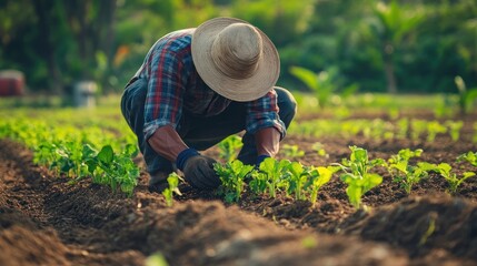 Fototapeta premium Farmer tending young plants in field, warm light, rural scene