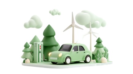 Cute 3D electric car in a green landscape with wind turbines