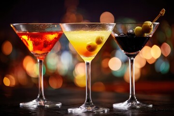 Fototapeta premium Three martini glasses hold red yellow and dark drinks garnished with olives against a blurred background of city lights