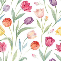 Vibrant watercolor floral pattern of tulips on a black background