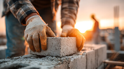 Construction worker carefully places cinder blocks outdoors at a building site during golden hour, highlighting dedication and skill in masonry