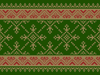 A festive Christmas pixel art seamless pattern featuring geometric and traditional motifs in red, green, and gold. Perfect for holiday textiles and digital backgrounds.