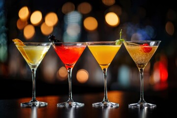 Four martinis of varying colors are aligned on a bar each garnished differently against a bokehlit backdrop