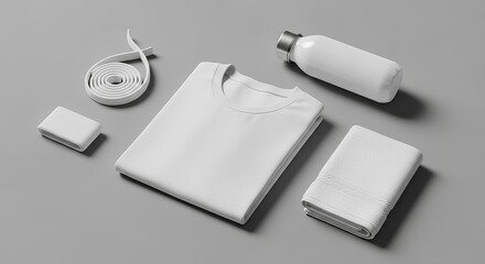 Essential Travel Kit White Shirt, Towel, Bottle, and LED Strip Lay Flat