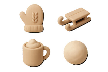 Creative clay shapes showcasing winter activities and cozy elements made from soft, moldable material
