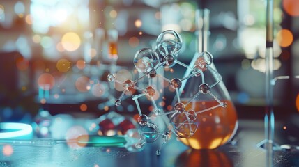 Image of chemical compounds and scientific formulas over atom model in laboratory. science research and medicine concept digitally generated image.