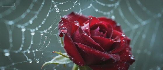 A vibrant red rose with dew drops, set against a delicate spider web backdrop.