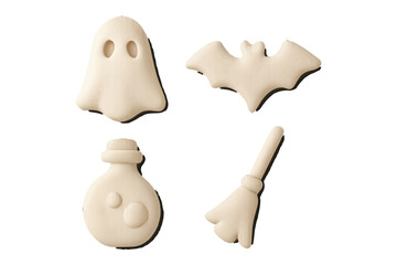 Halloween themed clay shapes featuring a ghost, bat, potion bottle, and broom in a minimalistic style for creative projects