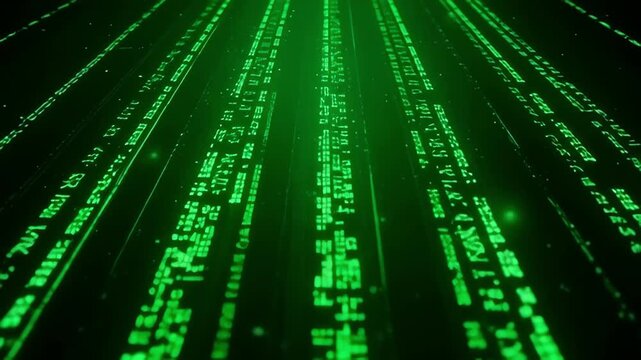 Digital stream of glowing green binary code flowing in the darkness