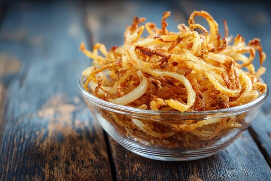 A clear glass bowl overflows with golden crispy fried onion strings set on a dark textured wooden surface