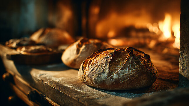 rustic artisan bread baking closeup photography warm kitchen setting golden crust homemade loaf recipe culinary delight comforting baked goods traditional meal and flour dusted