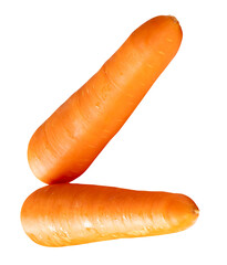Side view of two fresh orange carrot roots in stack isolated with clipping path in png file format