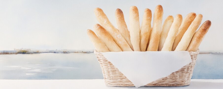 A basket of breadsticks served at a riverside cafe close up, focus on, copy space Double exposure silhouette with breadsticks and river