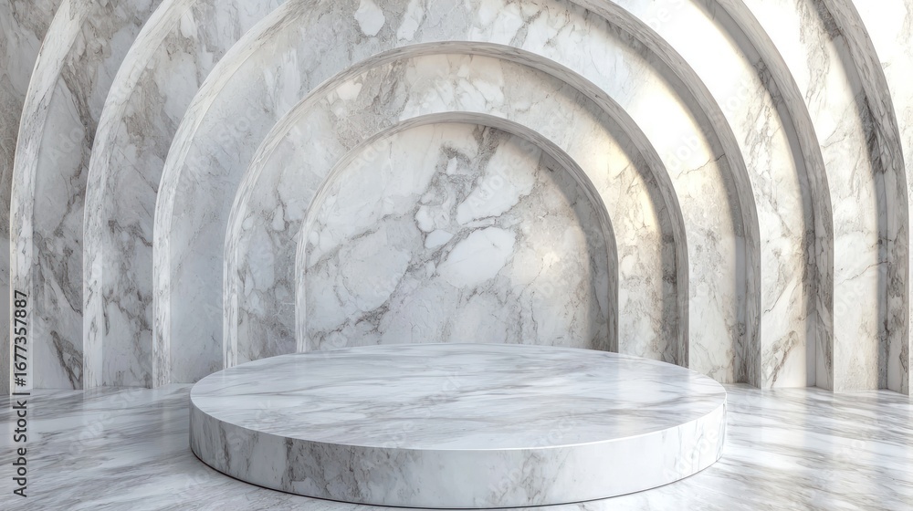 Poster a white marble stage with a circular platform in the center, surrounded by arches and illuminated by