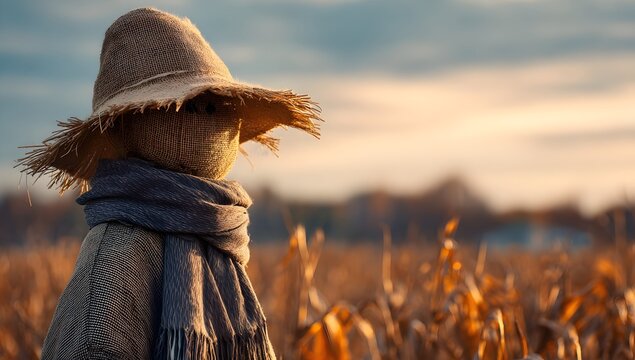 A rustic scarecrow stands in a golden cornfield at sunset, wearing a straw hat and scarf, evoking a warm, autumn harvest atmosphere