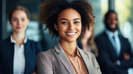 A confident businesswoman standing in front of a diverse group of colleagues in a modern office setting.