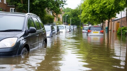 A street is heavily flooded with murky brown water, submerging numerous parked cars up to their wheels and doors.
