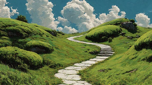 Serene stone pathway winds through lush green rolling hills under a vibrant blue sky with fluffy white clouds creating a peaceful landscape scene