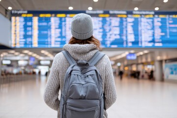 A person from behind, in a grey beanie and backpack, stands in an airport terminal, looking at a blurred departure board.