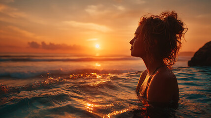Sunset bathes a figure in warm hues while immersed in calm ocean water