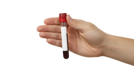 Hand holding blood sample in test tube against Transparent Background