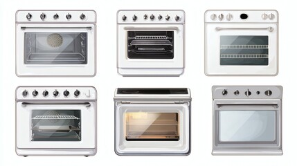 Obraz premium A collection of six different kitchen ovens, showcasing various designs and features, including transparent doors and multiple racks