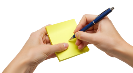 Person writing on yellow sticky note pad with blue pen
