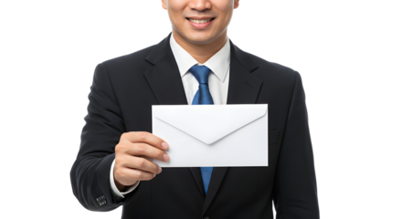 Smiling Man Holding White Envelope in a Business Suit Presentation
