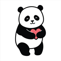 Adorable hand-drawn panda bear hugging a pink heart symbol of love and friendship