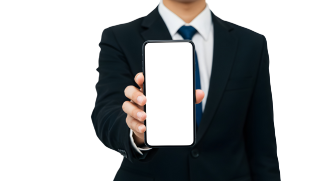 Man holding smartphone with white screen in suit on Transparent Background