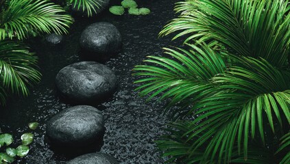 Dark, wet stones form a path through lush, tropical foliage; water glistens