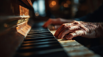 Hands playing piano with warm light in a cozy setting during afternoon