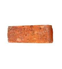 Top view of one cracked old red or orange brick isolated on white background with clipping path