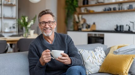 Happy middle aged man holding coffee cup relaxing on couch at home. Smiling mature older man drinking tea looking at camera sitting on cozy sofa chilling in modern kitchen living room. Portrait.