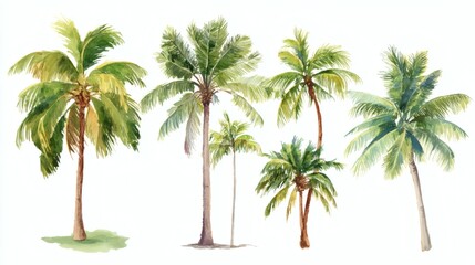 A collection of watercolor illustrations of various palm trees, showcasing different shapes and sizes, with vibrant green leaves and brown trunks against a white background
