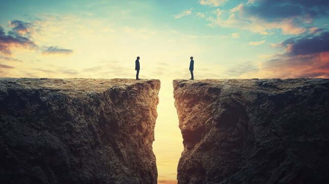 Two men standing on a cliff overlooking a vast ocean at sunset. - Powered by Adobe