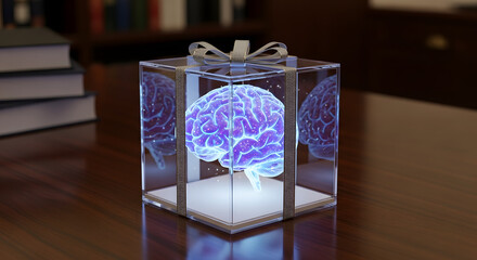 A glowing holographic brain is presented in a clear gift box symbolizing the gift of knowledge a brilliant idea or intellectual property.