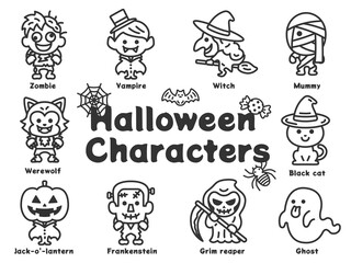 ハロウィンのキャラクターアイコン（線画）のイラストセット