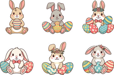 Cute Easter bunny clipart with eggs, pastel cartoon rabbits, spring holiday design, festive bunny characters, floral decoration, colorful illustration