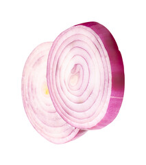 Two Spanish onion or red onion slices in stack isolated with clipping path in png file format