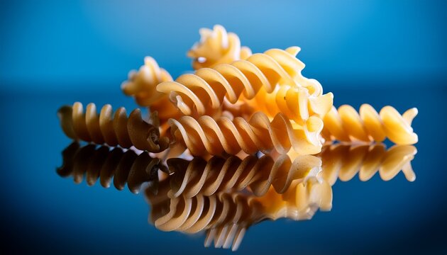 spiral fusilli pasta on reflective surface abstract culinary art with soft lighting