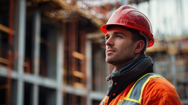 A construction worker wearing a red hard hat and orange safety jacket, standing in front of a construction site with scaffolding and cranes in the background.