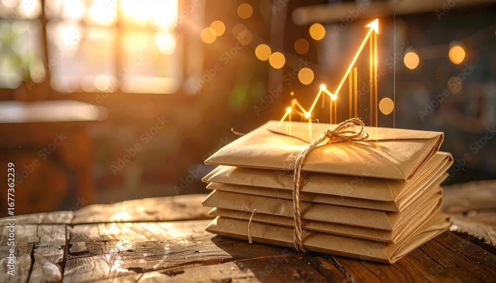 Poster stacked envelopes on wooden table with rising graph in background