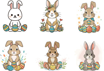 Cute Easter bunny illustration with eggs, cartoon rabbits, spring holiday art, pastel colors, kids design, festive animal character collection